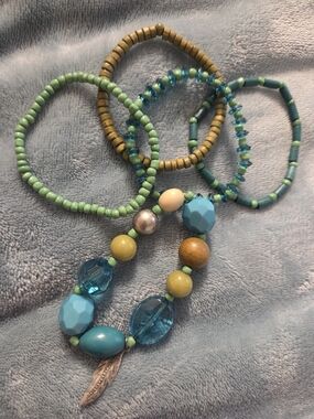 Beaded Stretch Bracelet Set with Turquoise and Green Accents